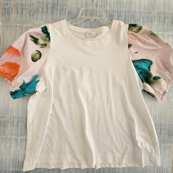 Tanya Taylor 3X White Tee Elevated T Shirt Watercolor Puff Sleeve Organic Cotton - Picture 5 of 12